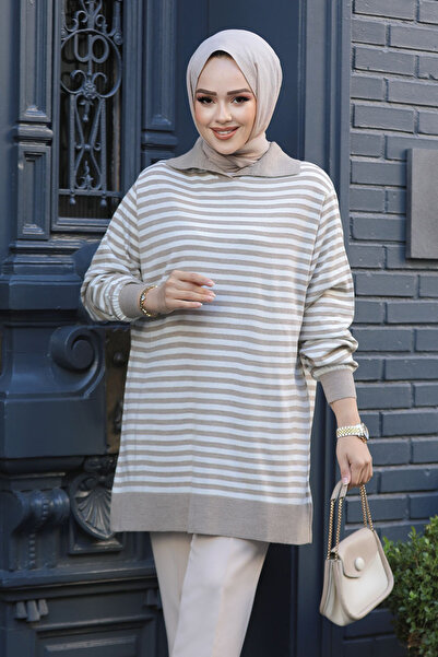 Neva Style Striped Mink Hijab Knitwear Tunic 65904V