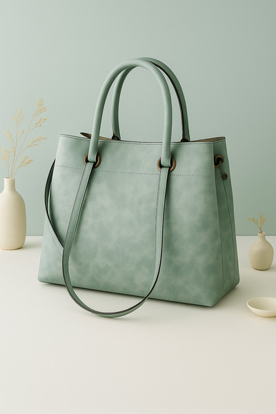 ŞIK VE MUTLU Turquoise Vegan Nubuck Leather Premium 2 Piece Hand Shoulder Bag