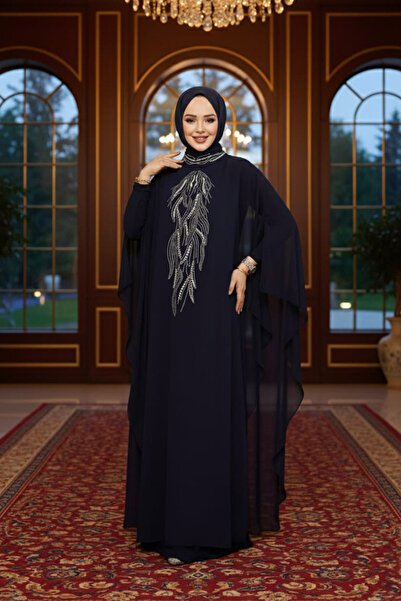 Neva Style Poncho Detailed Navy Blue Hijab Abaya 25914L
