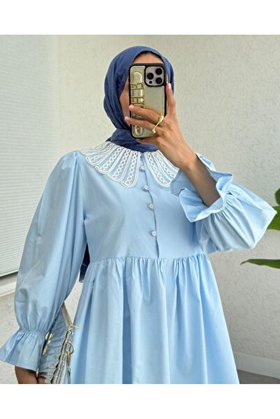 Modamorfo Organza Baby Collar Half Button Tunic with Elastic Sleeves - Baby Blue