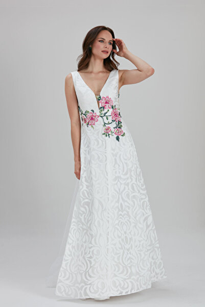 Neva Style White Evening Dress with Flower Detail 7626B