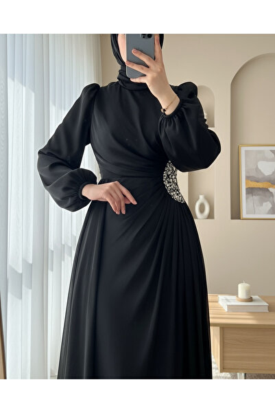 Modamorfo Βραδινό φόρεμα Janjan με λεπτομέρεια από πέτρα και ελαστική λαβή - Μαύρο