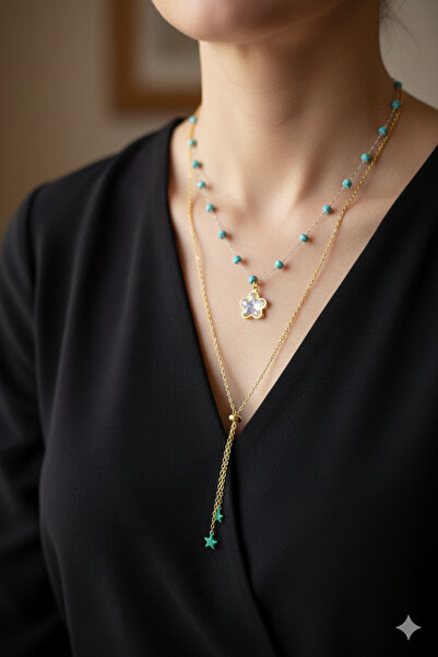 Jewerly Kadın Işıltılı yıldız Gold kombin kolye