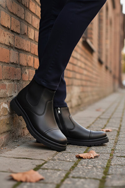 marinarosse Erkek Oven Deri Siyah Içi Kürklü Önü Dikiş Detaylı Fermuarlı Bot