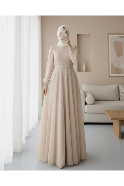 Modamorfo Lined Tulle Evening Dress with Stone Detail on the Front - Beige