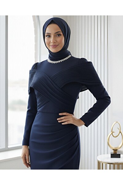 Modamorfo Evening Dress with Stone Detail on the Collar and Draped Shoulders - Navy