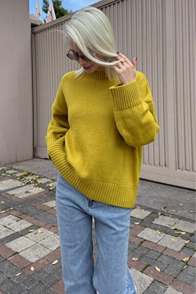 ELBA STİL سترة تريكو واسعة ذات ياقة دائرية بلون الزيت الأخضر MG1972