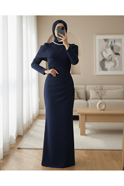 Modamorfo Evening Dress with Stone Detail on the Collar and Draped Shoulders - Navy
