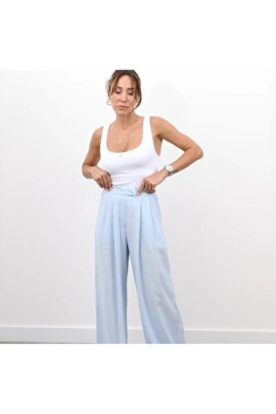 Maldia Shop Women's Elastic Waist Pleated Detail Blue Linen Palazzo Trousers