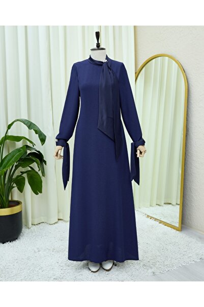 Modamorfo Crepe Dress with Scarf Collar, Brooch Detail and Sleeve Laces - Navy