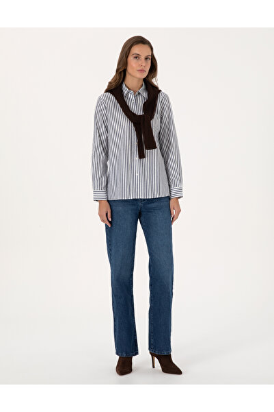 Pierre Cardin Navy Blue Striped Comfort Fit Long Sleeve Shirt 50318226-Vr033