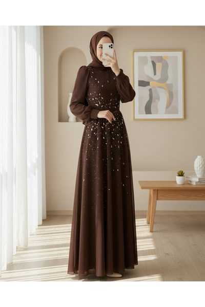 Modamorfo Lined Tulle Evening Dress with Stone Detail on the Front - Brown