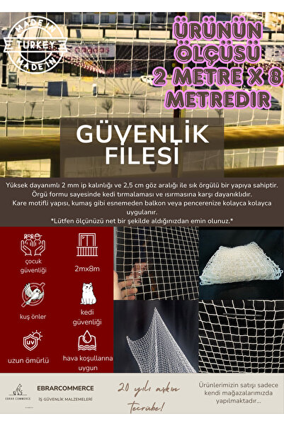 ebrarcommerce Balkon Filesi 2m x 8 Metre Kalın Ve Sık Dokunmuş Kedi Çocuk Filesi
