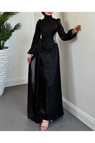 Modamorfo Βραδινό φόρεμα Janjan με λεπτομέρεια από πέτρα και ελαστική λαβή - Μαύρο
