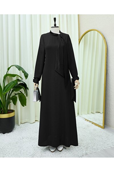 Modamorfo Crepe Dress with Scarf Collar, Brooch Detail and Sleeve Lacing - Black