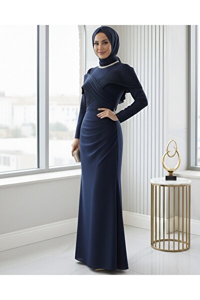 Modamorfo Evening Dress with Stone Detail on the Collar and Draped Shoulders - Navy
