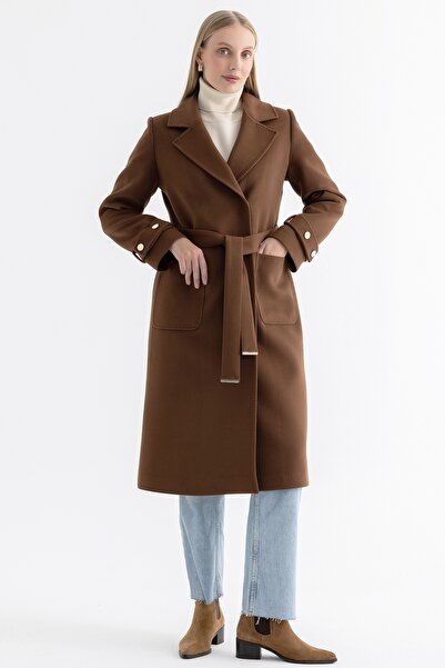Mia Kara Long Women's Coat with Belt and Cuff Sleeves 4161 - Hazelnut