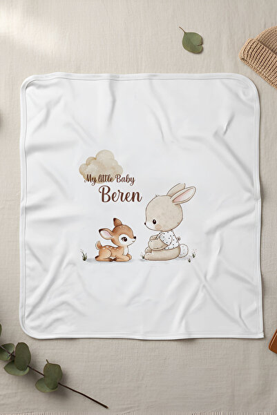 Homamia İsme Özel Penye Bebek Battaniyesi Bambi ve Tavşan