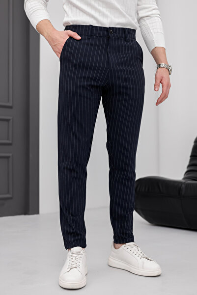 MODAMESTO Erkek Lacivert Çizgili Slim Fit Kumaş Pantolon