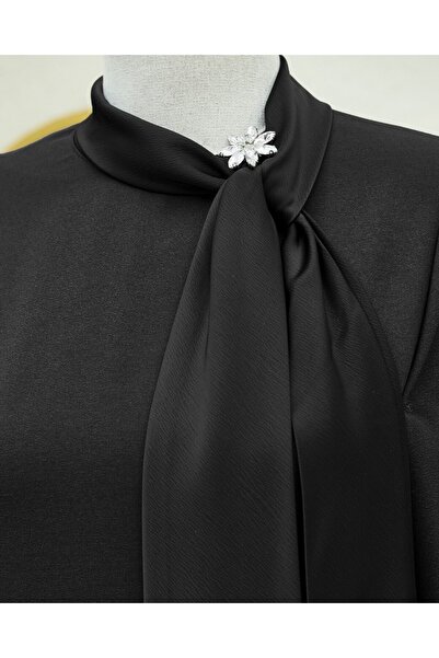 Modamorfo Crepe Dress with Scarf Collar, Brooch Detail and Sleeve Lacing - Black