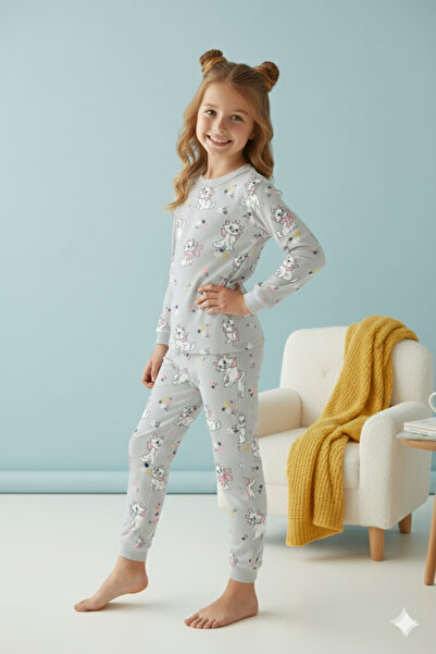 ROSAMİNA Girl's 100% Cotton Pink Cat Pattern Pajama Set