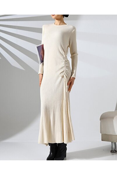 Modamorfo Waist gathered fish knit dress - ecru