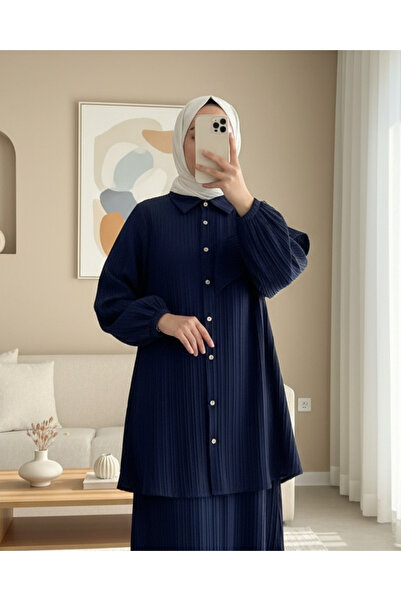 Modamorfo Elastic Tunic with Ruffle Detail on the Sleeves - Navy