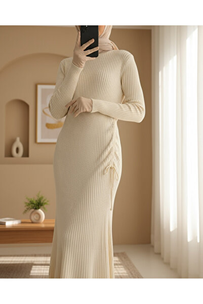 Modamorfo Waist gathered fish knit dress - ecru