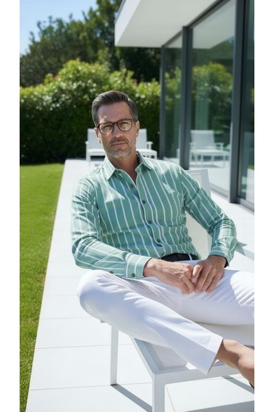 MEGALDİ Erkek Slim Fit Kesim Yeşil Beyaz Çizgili Uzun Kollu Gömlek