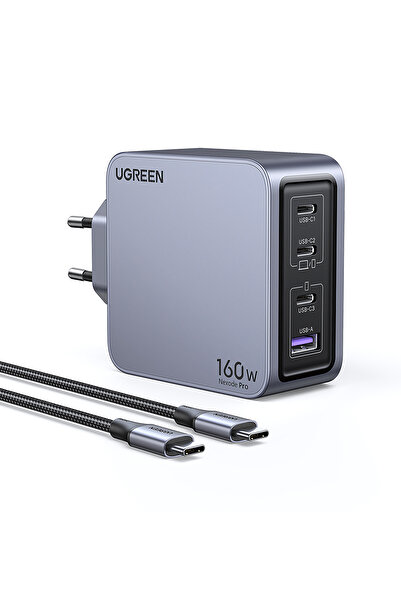 Ugreen Nexode Pro 160W GaN Hızlı Şarj Cihazı 100W Kablolu USB-C QC PD 3xUSB-C, 1xUSB-A, Uzay Grisi,