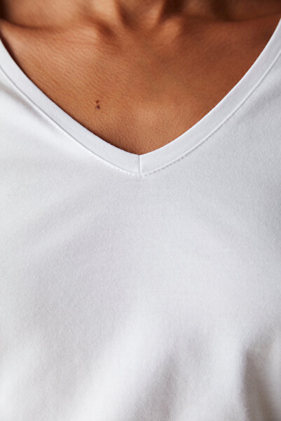 Penti Βαμβακερό V-λαιμόκοψη Basic Λευκό μακρυμάνικο μπλουζάκι
