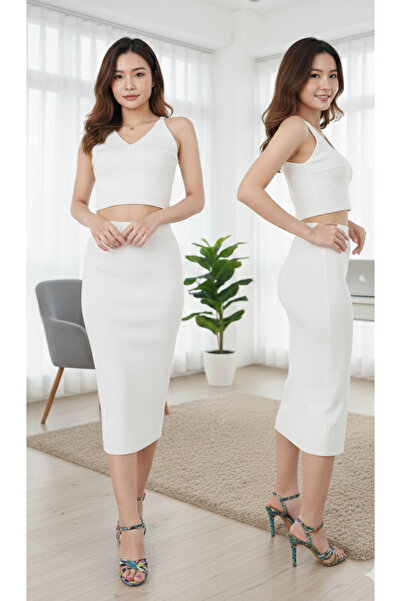 MQ طقم تريكو بلوزة كروب توب وتنورة طويلة ضيقة