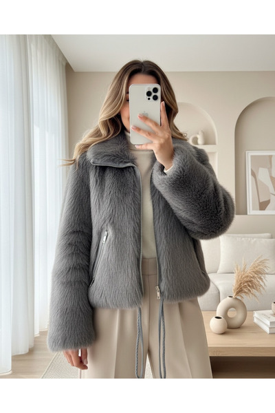 Modamorfo Leather Garnished, Lined Inside, Zippered, Rope Detailed Fur Coat - Smoked