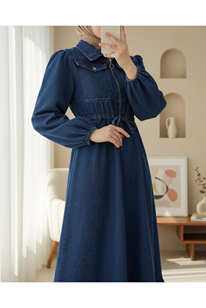 Modamorfo Τζιν φόρεμα με ελαστικό μανίκι, κορδόνι στη μέση και τσέπες - Ναυτικό