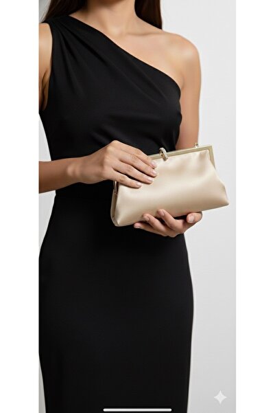 mossi Women's Satin Metal Framed Edge Stone Detailed Chain Evening Dress Clutch Bag