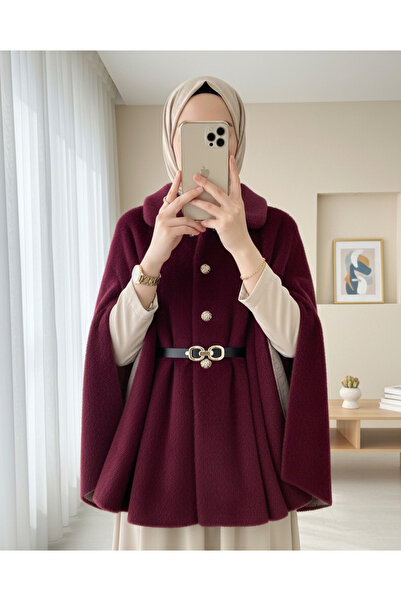 Modamorfo Gold Button Detail Belted Alcantara Poncho - Burgundy