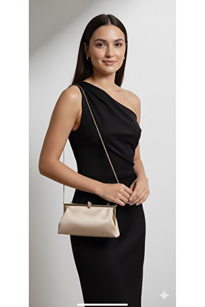 mossi Women's Satin Metal Framed Edge Stone Detailed Chain Evening Dress Clutch Bag