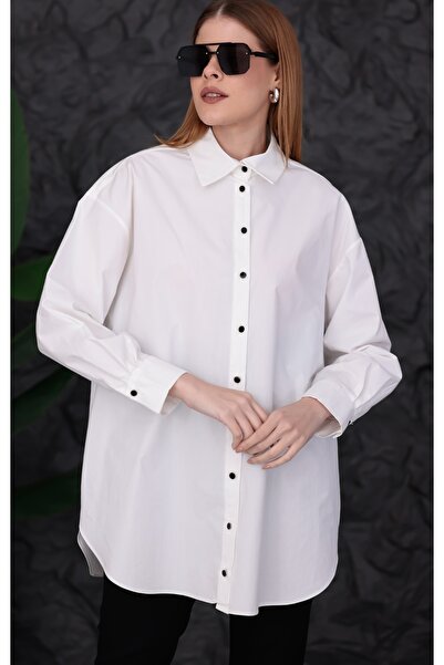 Dagü Design Women's Comfortable Fit Long Poplin Ecru Shirt Tunic