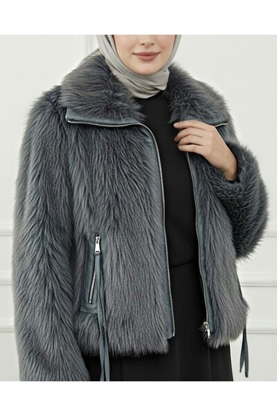 Modamorfo Leather Garnished, Lined Inside, Zippered, Rope Detailed Fur Coat - Smoked
