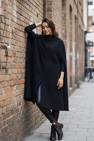 comstar Women's Trendy Buttoned Black Cashmere Cape Poncho