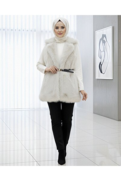 Modamorfo Belted Buttoned Fur Lined Vest - Cream