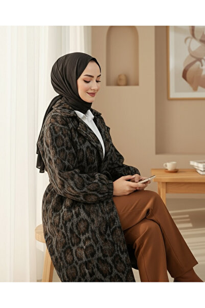 Modamorfo Kruvaze Yaka Kemerli Cepli Leopar Desen Kaşe Kap -Leopar
