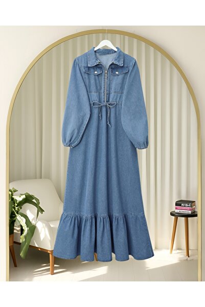 Modamorfo Τζιν φόρεμα με ελαστικό μανίκι, κορδόνι στη μέση και τσέπες - Μπλε