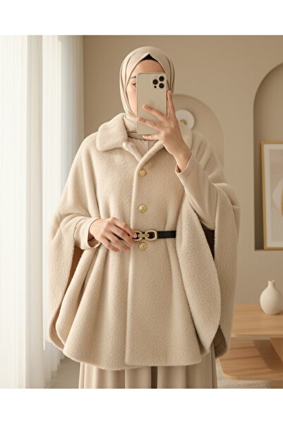 Modamorfo Gold Button Detail Belted Alcantara Poncho -Beige
