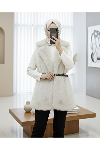 Modamorfo Belted Buttoned Fur Lined Vest - Cream