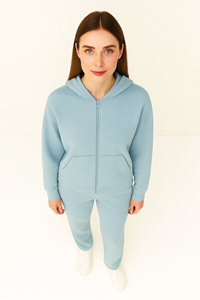 ŞIK VE MUTLU Wide Leg Hooded Cotton Single Jersey Zippered Tracksuit Set