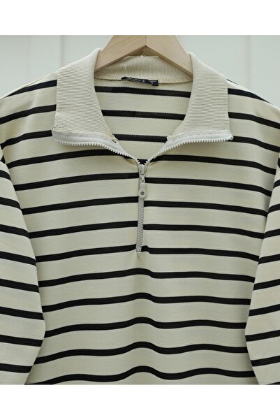 Modamorfo Half-High Collar Zippered Striped Tunic -Black