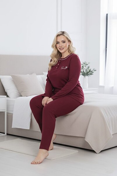 Eyfuze Women's Winter Plus Size Collar Buttoned Long Sleeve Interlock Pajamas Set