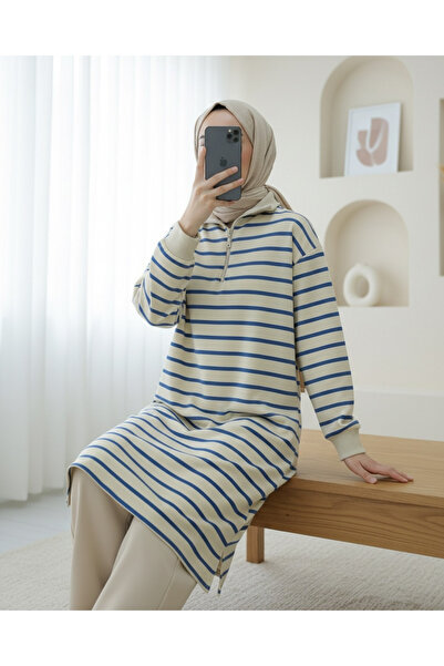 Modamorfo Half-High Collar Zippered Striped Tunic - Indigo