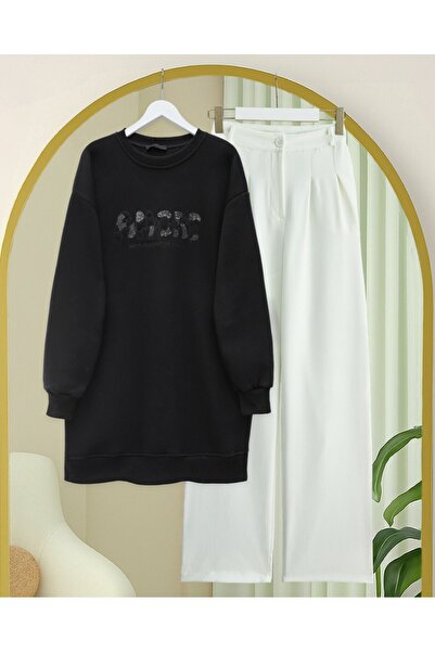 Modamorfo Three Thread Sweater with Sequin Detail and Script on the Front - Black